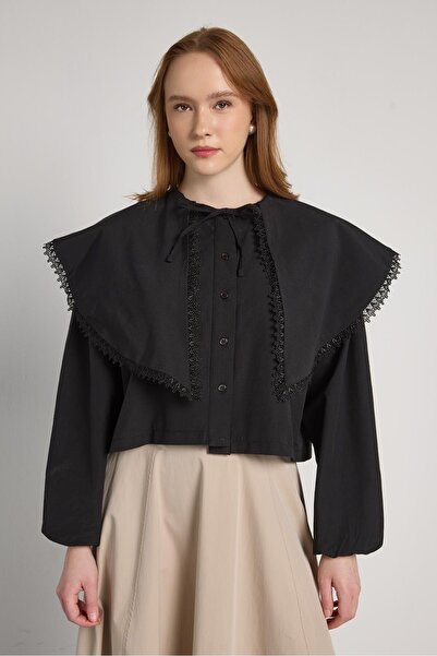 minaaise Women's Black Lace Detailed Lace-Up Design Shirt 31003