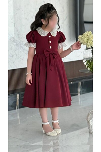 zelia Classic Burgundy Girls Dress with Elegant Lace Collar
