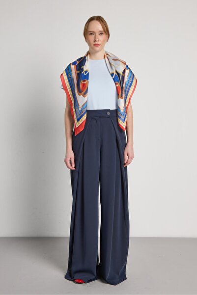 minaaise Women's Navy Blue High Waist Pleated Detailed O Oversized Trousers 3...