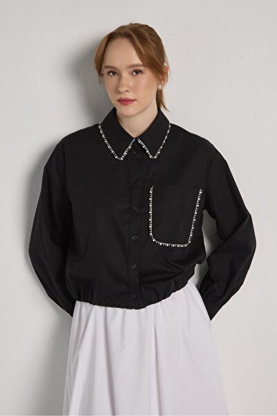 minaaise Women's Black Stone Detailed Pocketed Design Shirt 31004