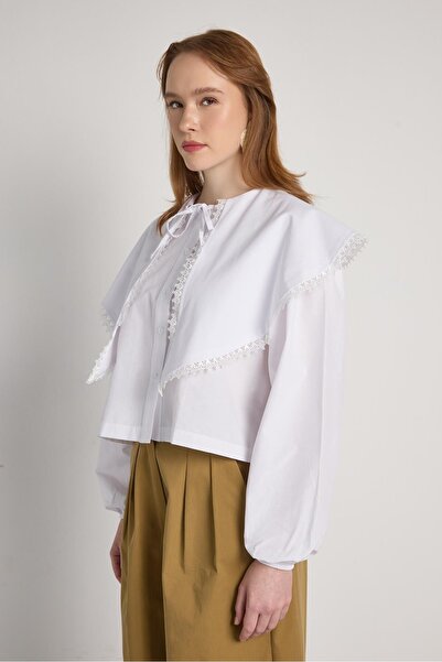 minaaise Women's White Lace Detailed Lace-Up Design Shirt 31003