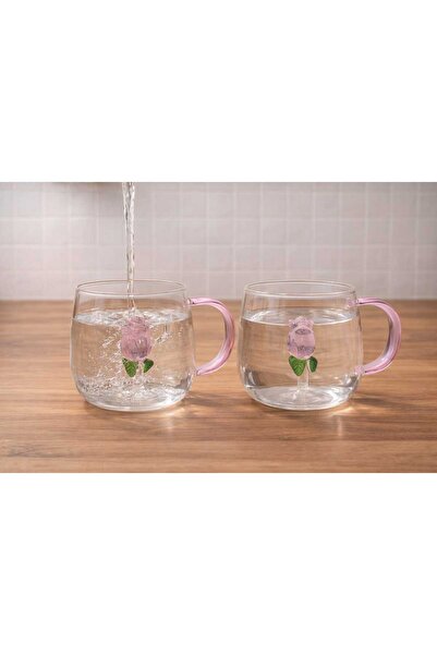 Ecoflex 2 li Borasilikat Kulplu Gül Figürlü Kupa Isıya Dayanıklı Sunum Kahve ...