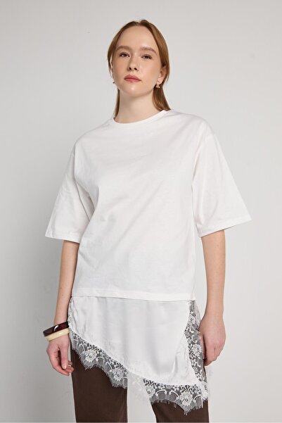 minaaise Ecru pentru femei dantelă Detaliat Asimetric tricou 31010