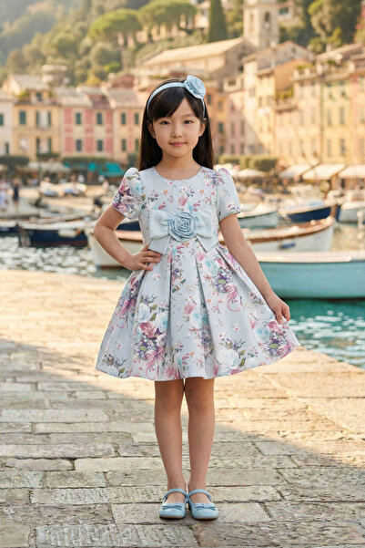 Pamina Girls' dress - sky blue - classic style with a delicate Floral Print a...