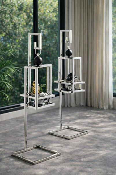 lowena home Dekoratif Ultra Lak Gümüş Kaplama Metal Ayaklı Cam Bölmeli Fener ...