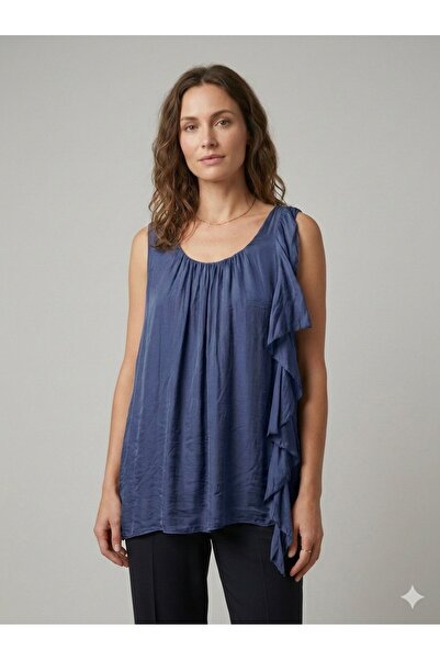 della moor Italian Blue Zero Sleeve Front Ruffle a Lined İ Silk Luz