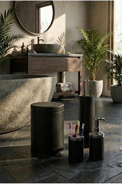 Bürke 4-Piece Bathroom Set Black 3 Liter Trash Can Toilet Brush Liquid Soap D...