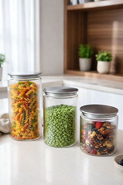 Paşabahçe 3'lü Metal Kapaklı Büyük Hacimli Vakumlu Cam Kavanoz Seti Çizgili D...