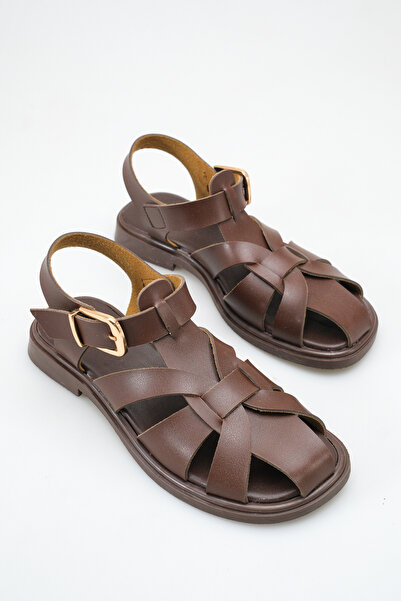 meyra'nın ayakkabıları Women's Bitter Brown Skin Buckle Detail Flat Sole Sandals