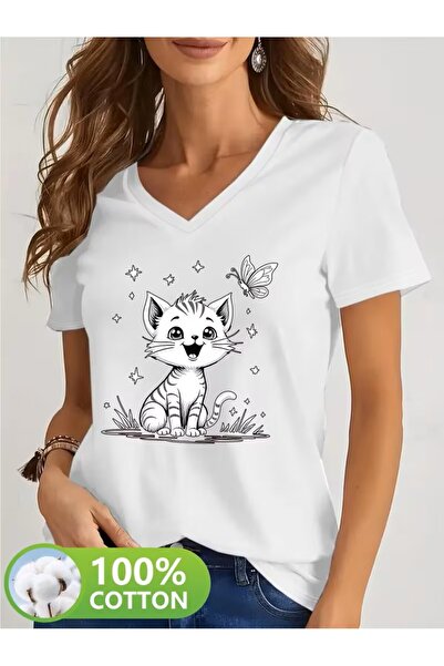 H&GHAMLEGİYİM με τύπωμα T-shirt, κοντομάνικο με λαιμόκοψη σε σχήμα V, καθημερ...