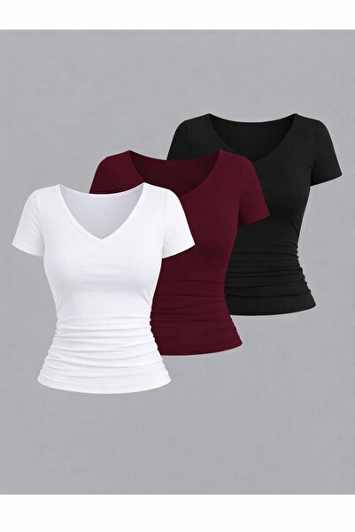Machetta Women's V-Neck Short Sleeve 3-Pack Stretch Fabric Basic Blouse