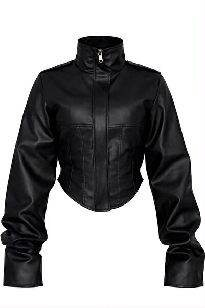 moda armanc Women's Cropped Leather Jacket - Black New Season with Corset Detail