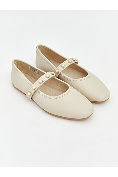 LC Waikiki Bej İnci Detaylı Kadın Kare Burun Babet