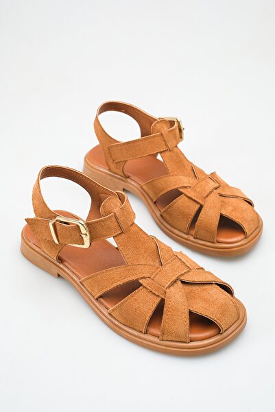 meyra'nın ayakkabıları Women's Tan Suede Buckle Detail Flat Sole Sandals