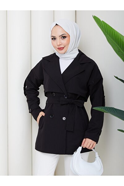 Marjinal City Linen Buttoned and Belted Double-Breasted Collar Trench Coat