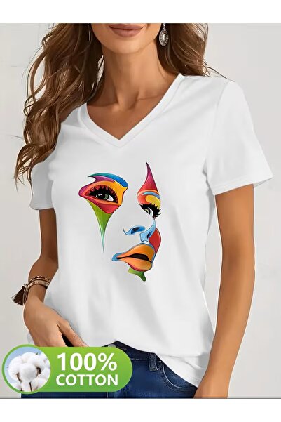 yombaa Štampano Majica, kratki rukav, V-izrez, letnja i prolećna ležerna maji...