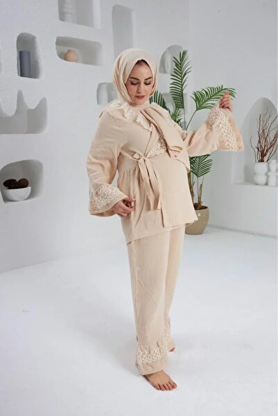 Lollybabies Lolly Babies Lohusa Takımı | Bej Pamuklu Pijama Seti - Zarif Dant...