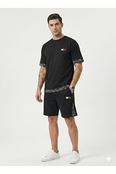 NİCE Черно минималистично мъжко комплект от горна и долна част с принт