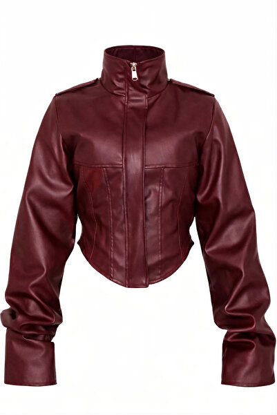 moda armanc Women's Cropped Leather Jacket - Burgundy New Season with Corset ...