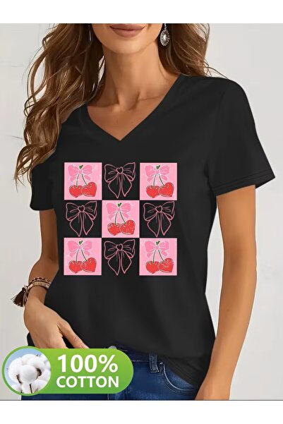 yombaa Printed T-Shirt, Short Sleeve V-Neck Summer & Spring Casual Top, Women...