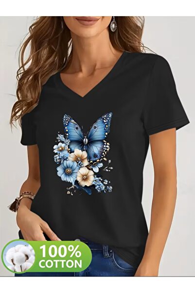 yombaa Printed T-Shirt, Short Sleeve V-Neck Summer & Spring Casual Top, Women...