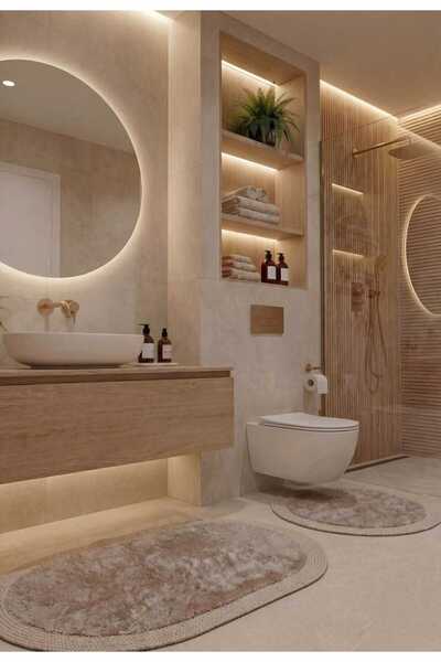 Konak Halı Melena Carpet Modern Peluş Banyo Halı Seti Kaymaz Taban Jüt Halat ...