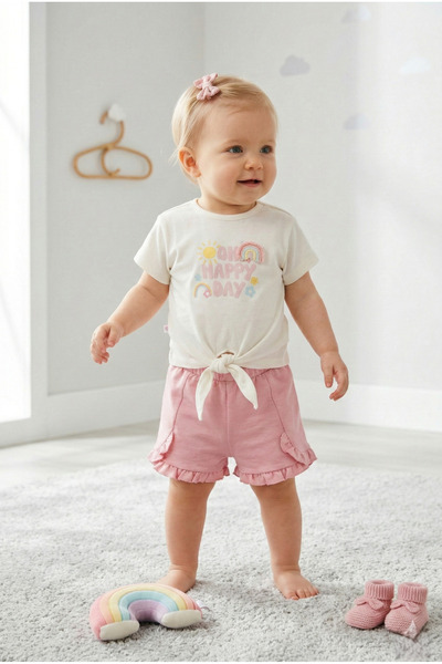 Caramell 100% Cotton Baby Girl Set Rainbow Printed T-Shirt and Ruffle Shorts ...