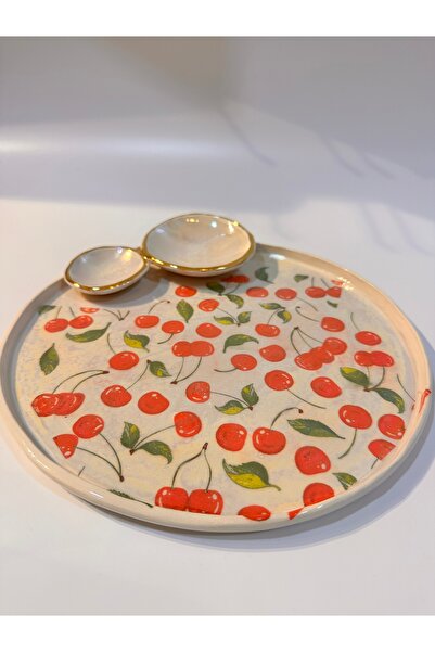 Terra Art Kiraz desenli saf altın dekorlu el yapımı sunum tabağı