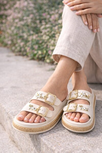 Slipcat Дамски чехли с висок ток и пастелно златна катарама, чехли за плаж и ...