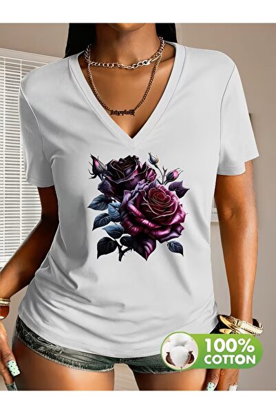 H&GHAMLEGİYİM με τύπωμα T-shirt, κοντομάνικο με λαιμόκοψη σε σχήμα V, καθημερ...