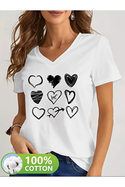 H&GHAMLEGİYİM Printed T-Shirt, Short Sleeve V Neck Summer & Spring Casual Top...