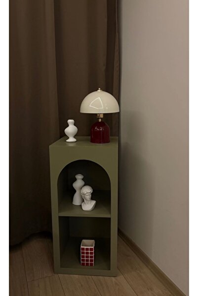 Nordic Modern Kemer Detaylı Dekoratif Kitaplık ve Yan Sehpa Komodin - Haki Yeşil