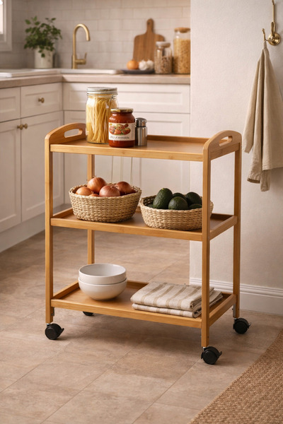 TrentonGCC عربة مطبخ خشبية بثلاثة أرفف وعجلات، أبعادها 72×31×59 سم، عربة متعد...