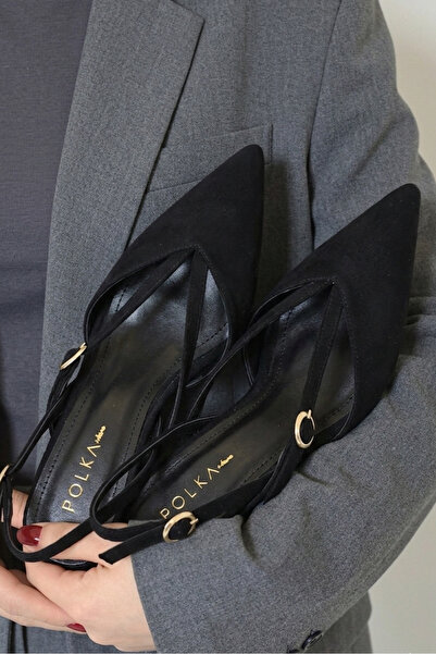 POLKA STORE Belt Sivri Burunlu Kısa Kitten Topuklu Siyah Süet Kadın Ayakkabı