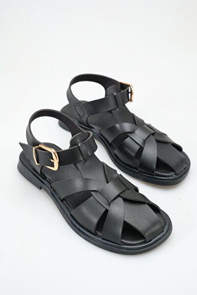 meyra'nın ayakkabıları Women's Black Skin Buckle Detail Flat Sole Sandals