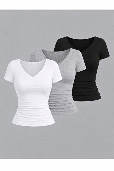 Machetta Women's V-Neck Short Sleeve 3-Pack Stretch Fabric Basic Blouse