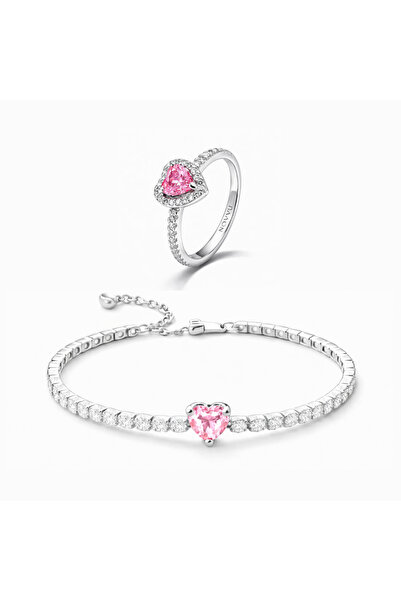 NOVVO Pink Heart Ring and Bracelet Jewelry Set - Ring Size 60