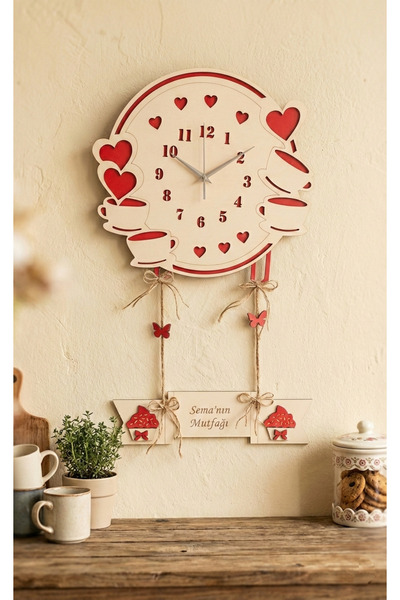 Dekorobi Kişiye Özel İsimli Ahşap Mutfak Duvar Saati - Fincan Detaylı Dekorat...