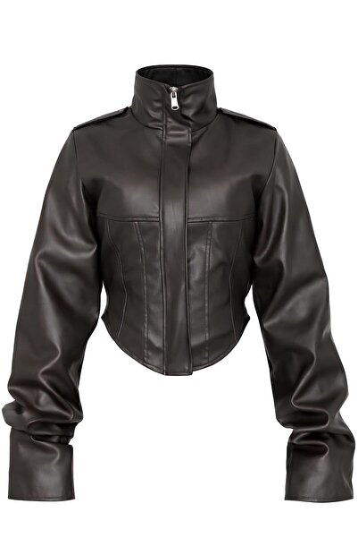 moda armanc Women's Cropped Leather Jacket - Brown New Season with Corset Detail