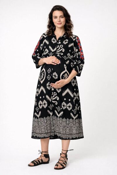 Park Moda 100% Cotton Pcs Black Embroidered Summer Dress Pocketed Maternity S...
