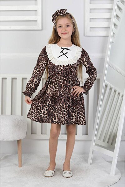 Aselin Kids Girl's Leopard Printed Piece Set of Lace Detailed Holiday Dress a...