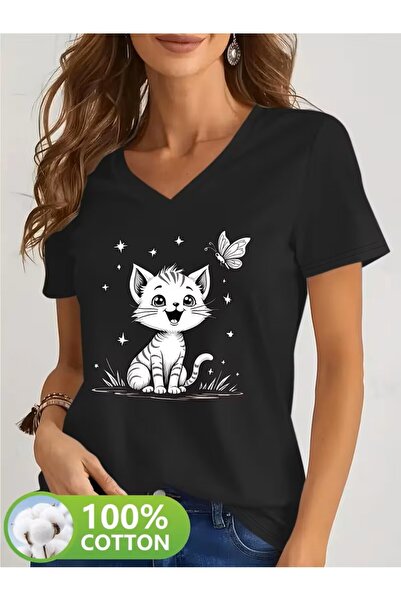 H&GHAMLEGİYİM με τύπωμα T-shirt, κοντομάνικο με λαιμόκοψη σε σχήμα V, καθημερ...