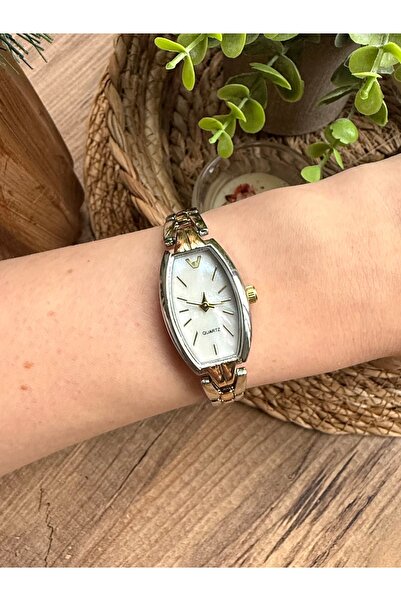 TD TRENDDURAGI Vintage Rectangular Gold - Silver Inside White Women's Wristwatch