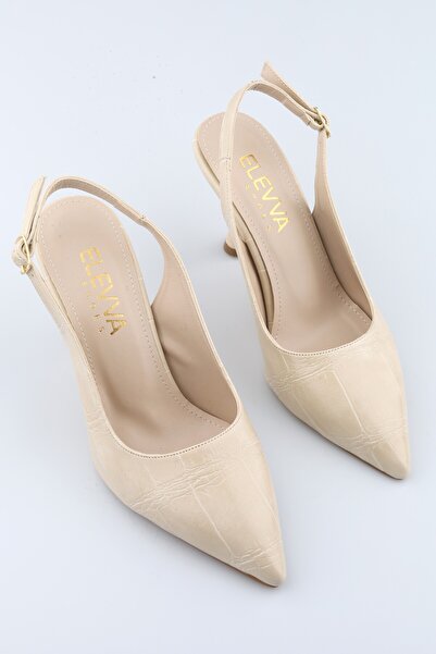 moon glow Women's Cream Heeled Shoes Pointed Toe Slingback Ankle Strap Stylis...