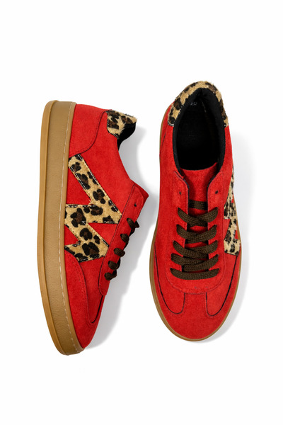 doamia Manifest Serisi Kırmızı Süet Leopar Desenli Sneaker Kadın Spor Ayakkabı