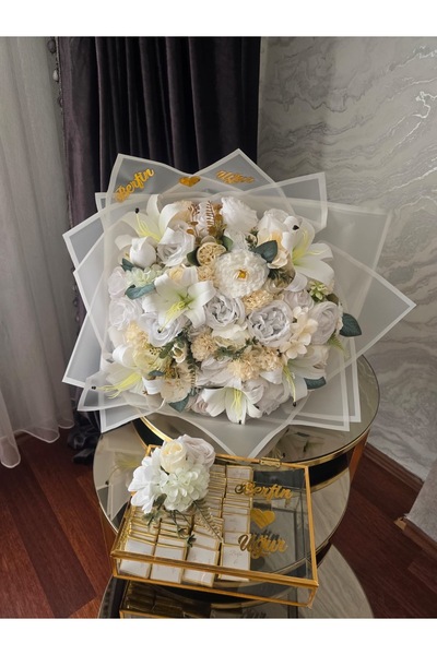cloudhome Kız isteme çiçeği beyaz karışık buket çiçek ve çikolata