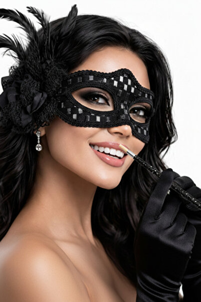 shop 1920'ler Gatsby Kostüm Seti-Çiçekli Tüylü Dantel Maske, Uzun Saten Eldiv...