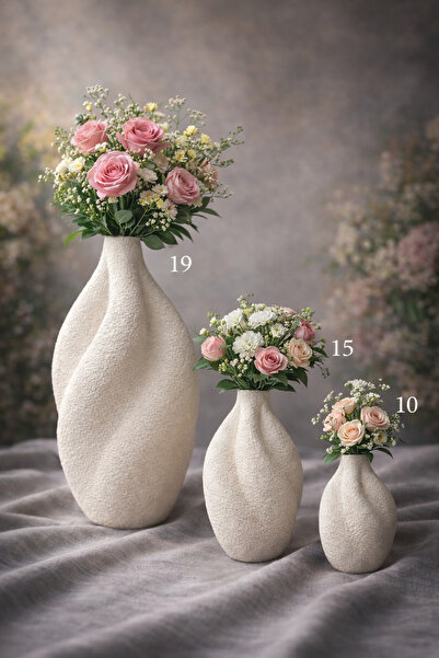 aymumi home 3’lü Modern Dokulu Seramik Gorunumlu Vazo Seti 19-15-10 cm | Minimal Ev Dekorasyon Çiçeklik