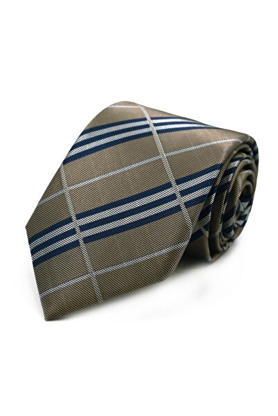 Sade Kravat Soft Beige Gray Navy Blue Plaid Pack Special Woven Tie 33132 Beige