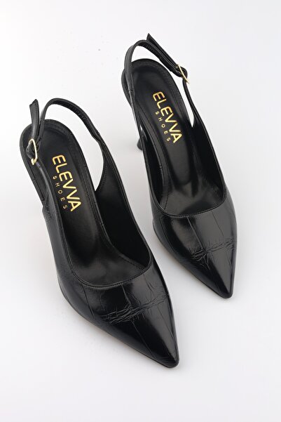 moon glow Women's Black Heeled Shoes Pointed Toe Slingback Ankle Strap Stylis...